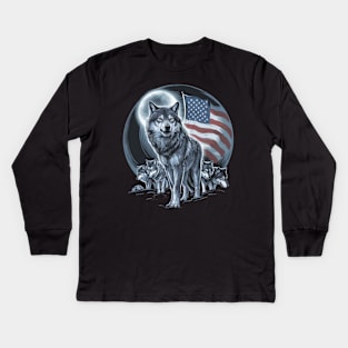 Wolves Under Moon Howling Wolf 4th of July American Flag Kids Long Sleeve T-Shirt